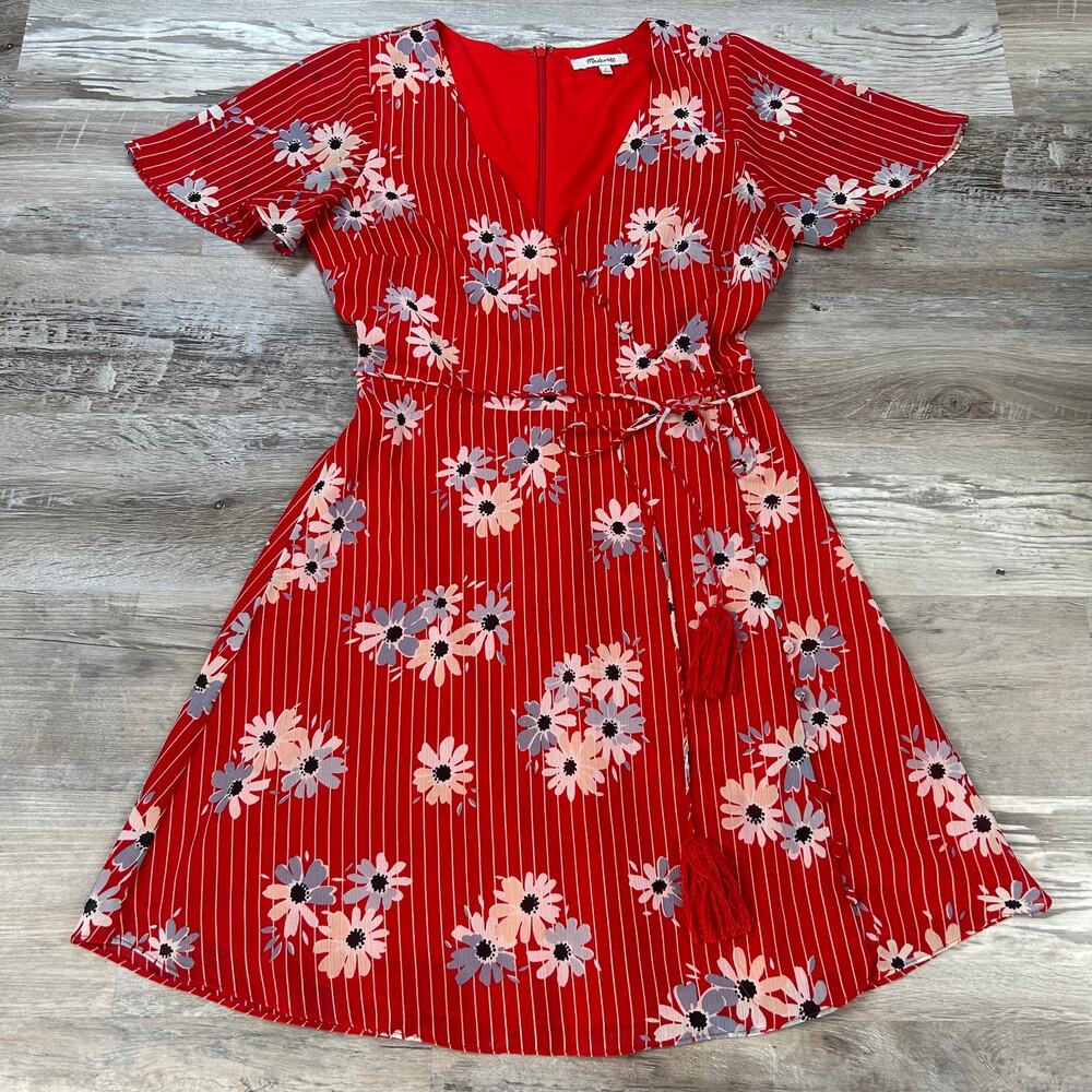 Madewell Red Floral Striped Mini Dress Tie Waist Romantic Cottagecore Date Night